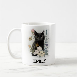 Cute Black Cat Watercolor Flowers Name Coffee Mug