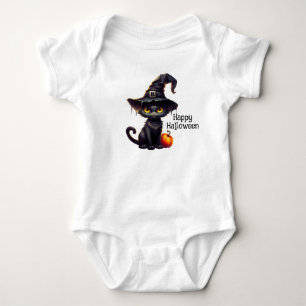 Cute black cat wearing a witches hat baby bodysuit