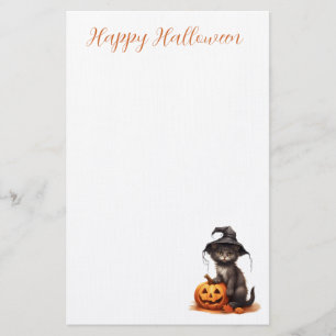 Cute Black Cat wearing a Witches Hat with Pumpkin Stationery