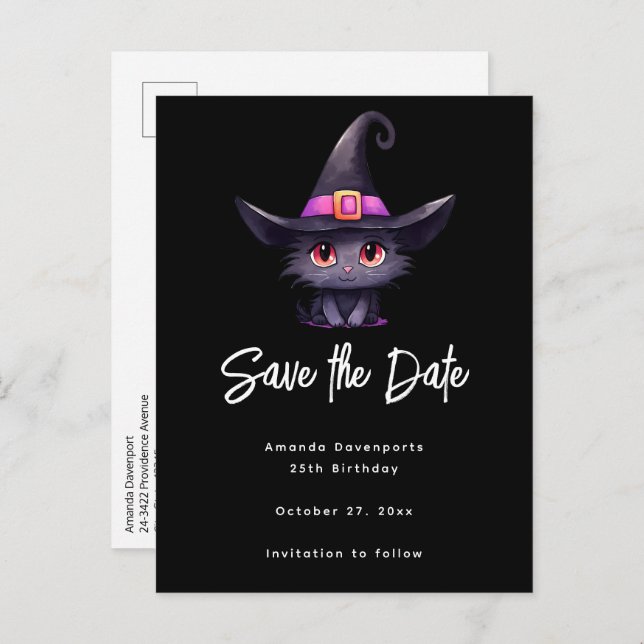 Cute Black Cat Wearing a Witch's Hat Announcement Postcard (Front/Back)