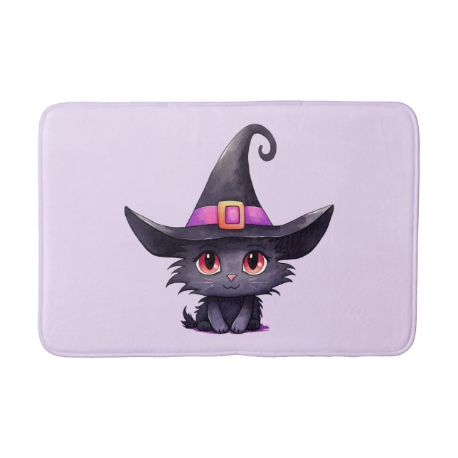 Cute Black Cat Wearing a Witch's Hat Bath Mat (Front)