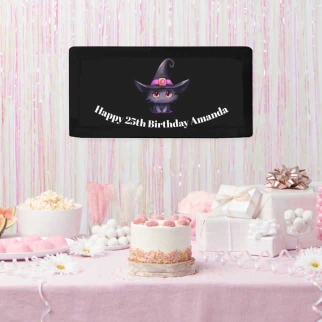 Cute Black Cat Wearing a Witch's Hat Birthday Banner (Party)