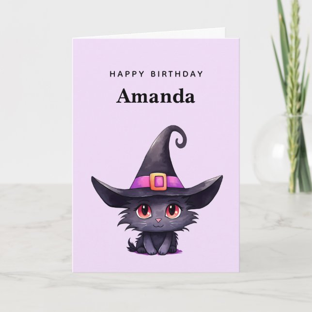 Cute Black Cat Wearing a Witch's Hat Birthday Card (Front)