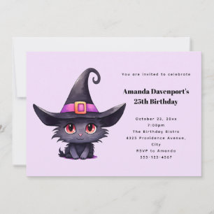 Cute Black Cat Wearing a Witch's Hat Birthday Invitation