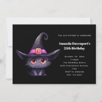 Cute Black Cat Wearing a Witch's Hat Birthday