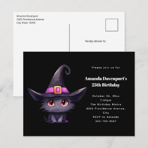 Cute Black Cat Wearing a Witch's Hat Birthday Invitation Postcard