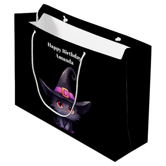 Cute Black Cat Wearing a Witch's Hat Birthday Large Gift Bag (Front Angled)