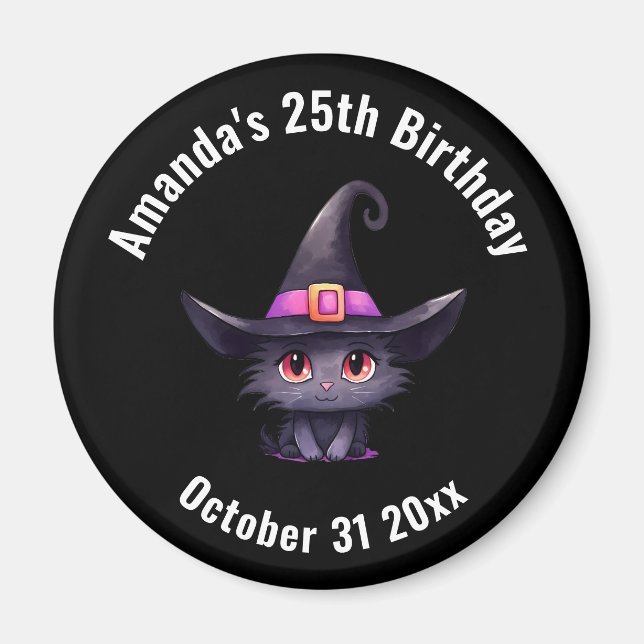 Cute Black Cat Wearing a Witch's Hat Birthday Magnet (Front)