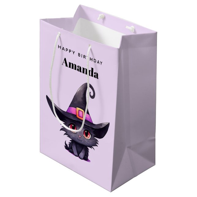 Cute Black Cat Wearing a Witch's Hat Birthday Medium Gift Bag (Front Angled)