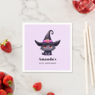 Cute Black Cat Wearing a Witch's Hat Birthday Napkin