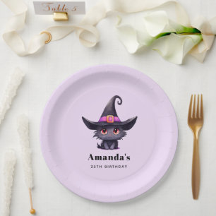 Cute Black Cat Wearing a Witch's Hat Birthday Paper Plate