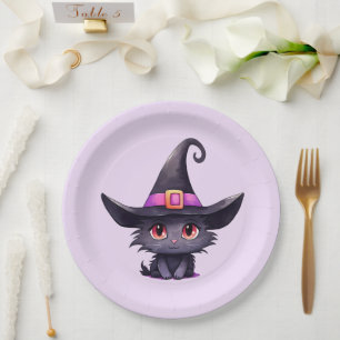 Cute Black Cat Wearing a Witch's Hat Birthday Paper Plate