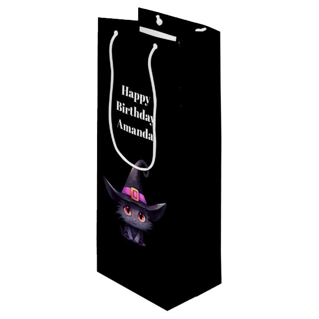 Cute Black Cat Wearing a Witch's Hat Birthday Wine Gift Bag (Front Angled)