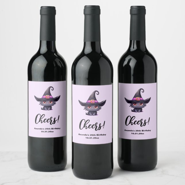 Cute Black Cat Wearing a Witch's Hat Birthday Wine Label (Bottles)