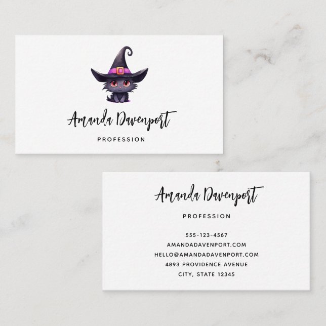 Cute Black Cat Wearing a Witch's Hat Business Card (Front/Back)