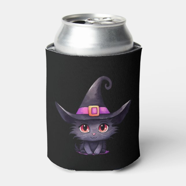 Cute Black Cat Wearing a Witch's Hat Can Cooler (Can Front)
