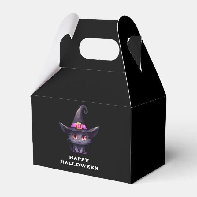 Cute Black Cat Wearing a Witch's Hat Favour Box (Front Side)