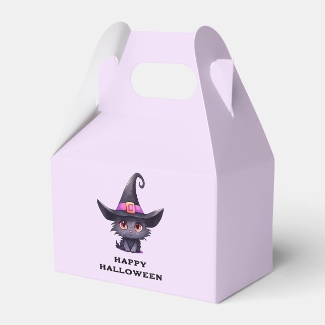 Cute Black Cat Wearing a Witch's Hat Favour Box (Front Side)
