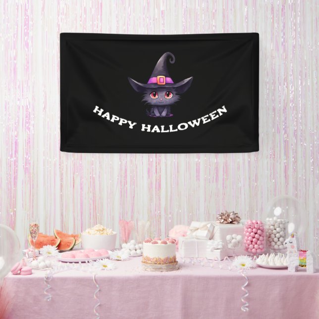 Cute Black Cat Wearing a Witch's Hat Halloween Banner (Party)