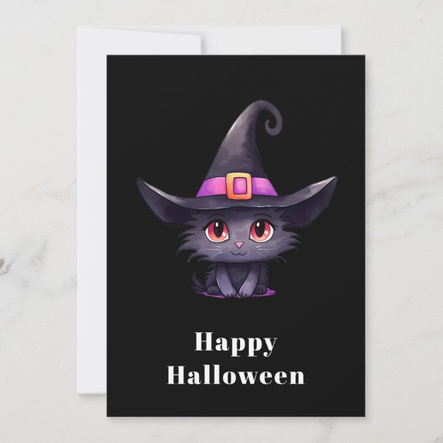  Cute Black Cat Wearing a Witch's Hat Halloween Holiday Card (Front)