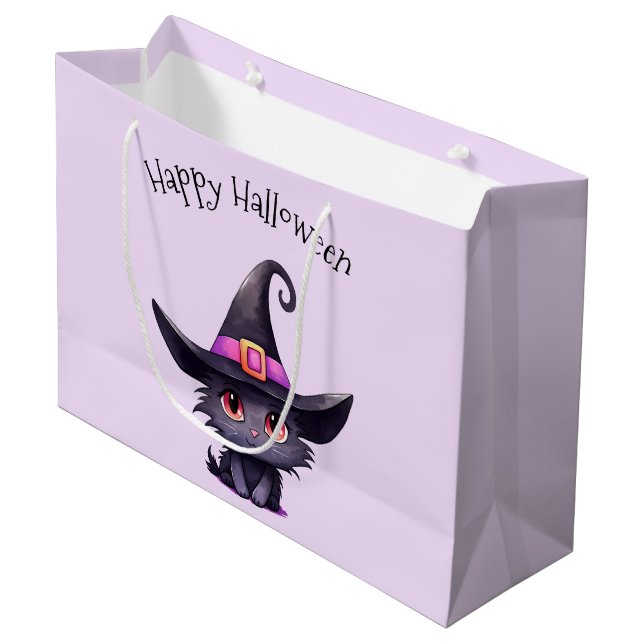 Cute Black Cat Wearing a Witch's Hat Halloween Large Gift Bag (Front Angled)
