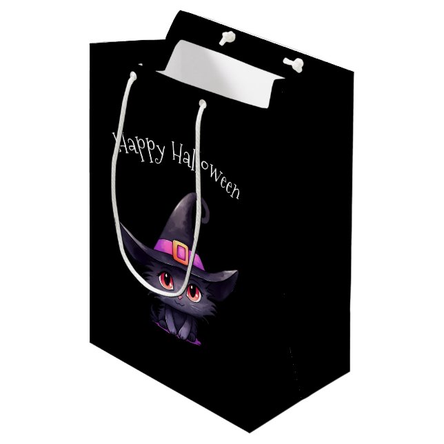 Cute Black Cat Wearing a Witch's Hat Halloween Medium Gift Bag (Front Angled)