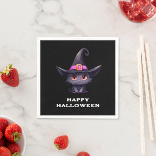 Cute Black Cat Wearing a Witch's Hat Halloween Napkin