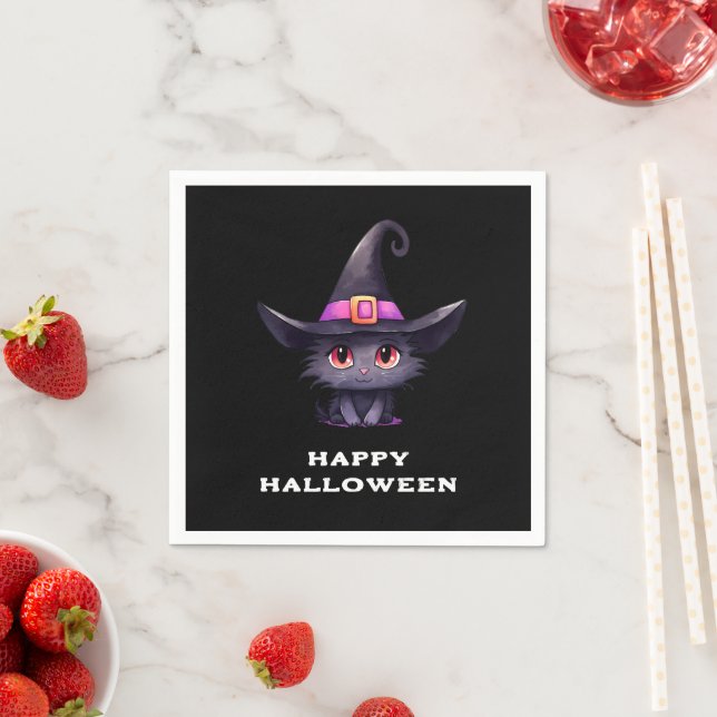 Cute Black Cat Wearing a Witch's Hat Halloween Napkin (Insitu)