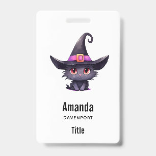 Cute Black Cat Wearing a Witch's Hat ID Badge