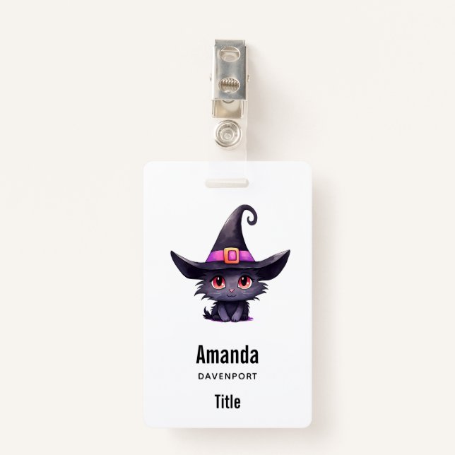 Cute Black Cat Wearing a Witch's Hat ID Badge (Front with Clip)