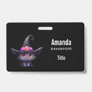 Cute Black Cat Wearing a Witch's Hat ID Badge