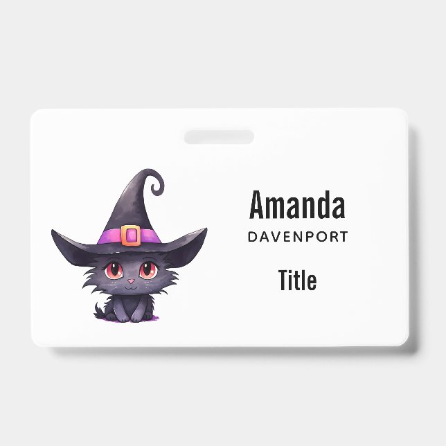 Cute Black Cat Wearing a Witch's Hat ID Badge (Front)