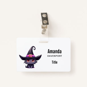 Cute Black Cat Wearing a Witch's Hat ID Badge