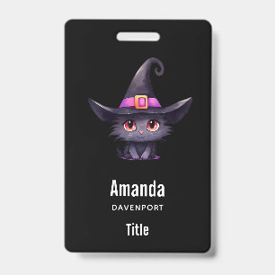 Cute Black Cat Wearing a Witch's Hat ID Badge