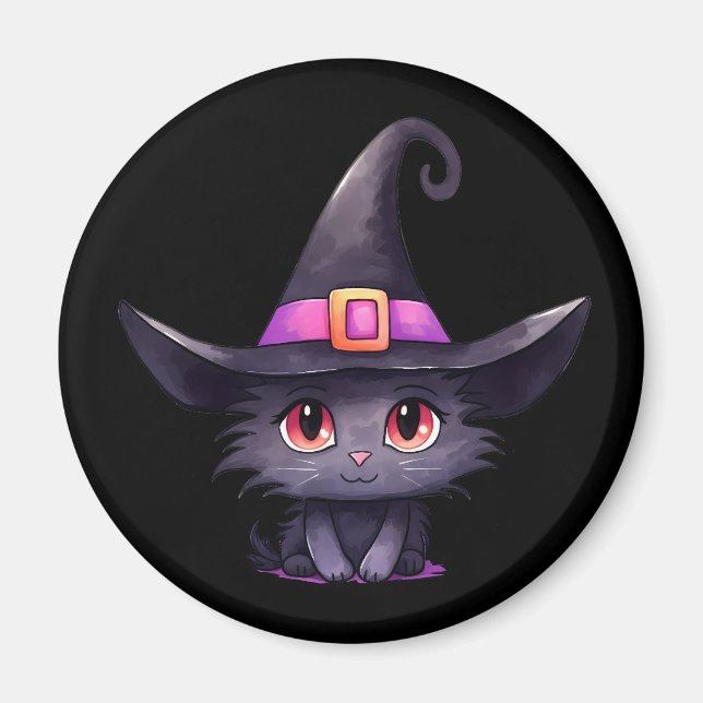 Cute Black Cat Wearing a Witch's Hat Magnet (Front)