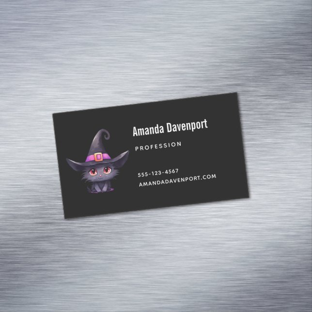 Cute Black Cat Wearing a Witch's Hat Magnetic Business Card (In Situ)