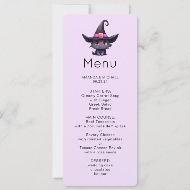 Cute Black Cat Wearing a Witch's Hat Menu Invitation (Front)