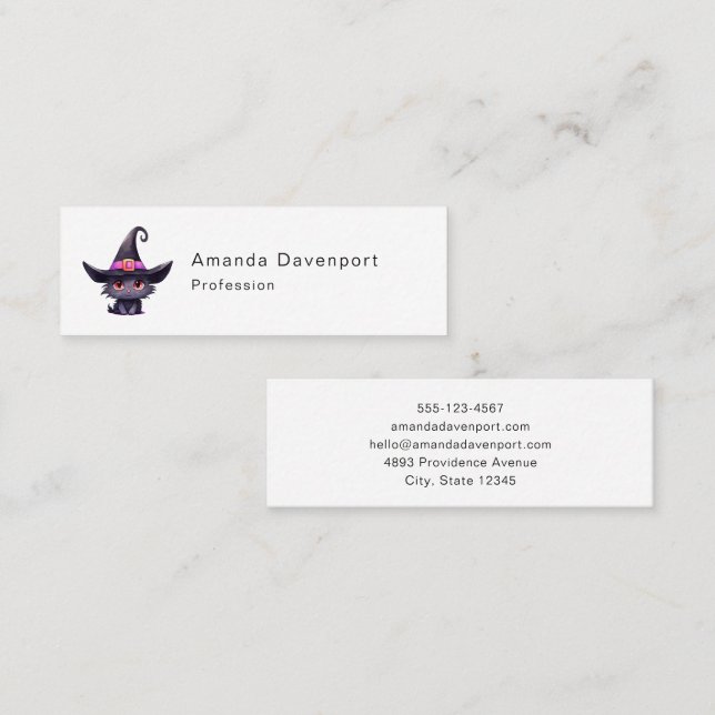 Cute Black Cat Wearing a Witch's Hat Mini Business Card (Front/Back)