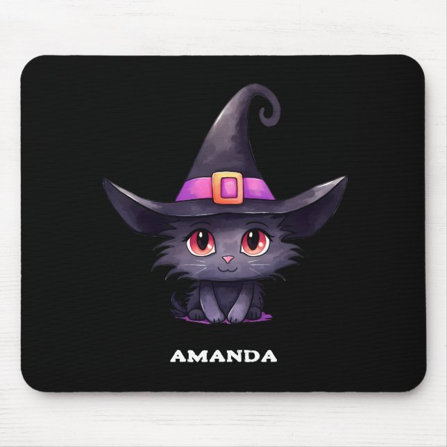  Cute Black Cat Wearing a Witch's Hat Mouse Pad (Front)