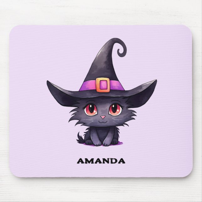 Cute Black Cat Wearing a Witch's Hat Mouse Pad (Front)