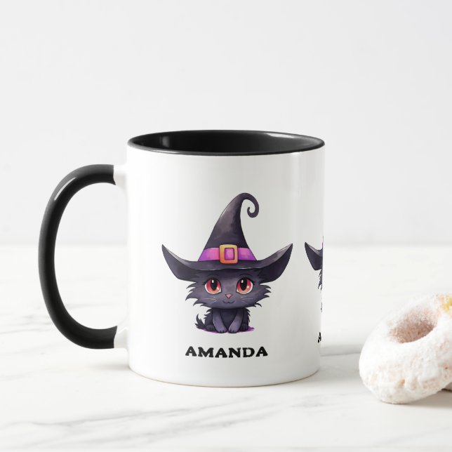 Cute Black Cat Wearing a Witch's Hat Mug (With Donut)