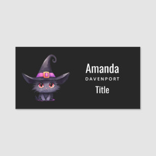Cute Black Cat Wearing a Witch's Hat Name Tag