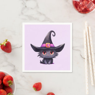 Cute Black Cat Wearing a Witch's Hat Napkin