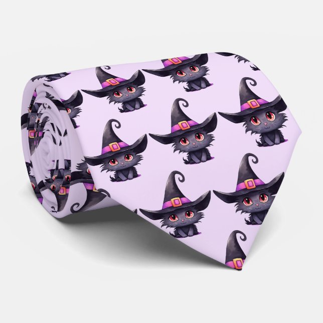 Cute Black Cat Wearing a Witch's Hat Pattern Tie (Rolled)