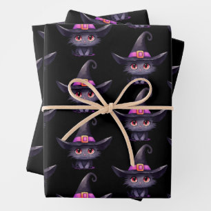 Cute Black Cat Wearing a Witch's Hat Pattern Wrapping Paper Sheet
