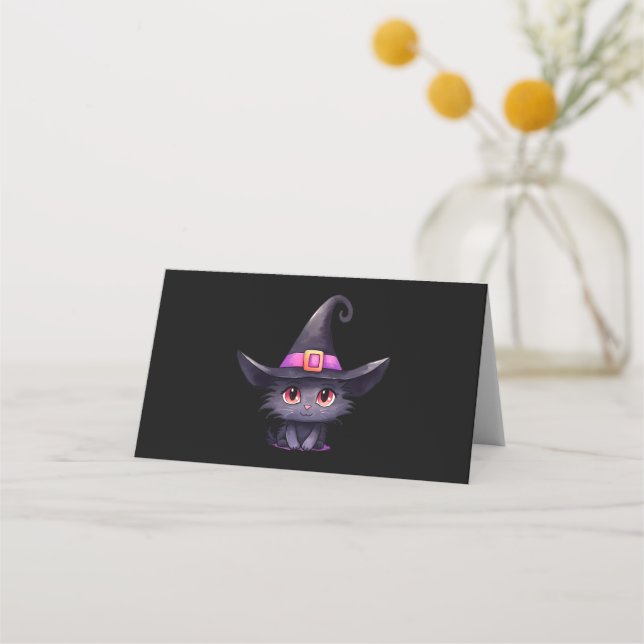 Cute Black Cat Wearing a Witch's Hat Place Card (Front)