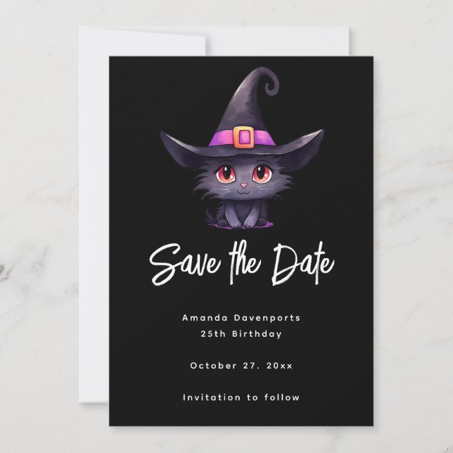 Cute Black Cat Wearing a Witch's Hat Save The Date (Front)