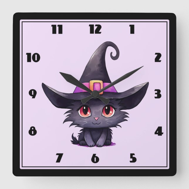 Cute Black Cat Wearing a Witch's Hat Square Wall Clock (Front)