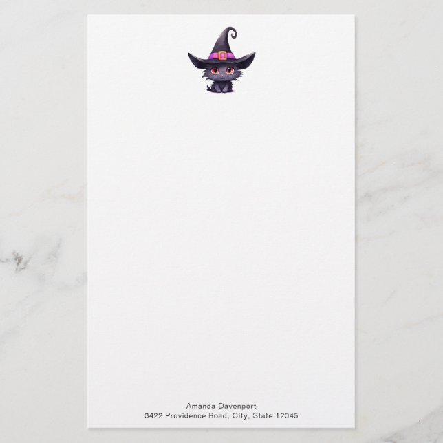 Cute Black Cat Wearing a Witch's Hat Stationery (Front)