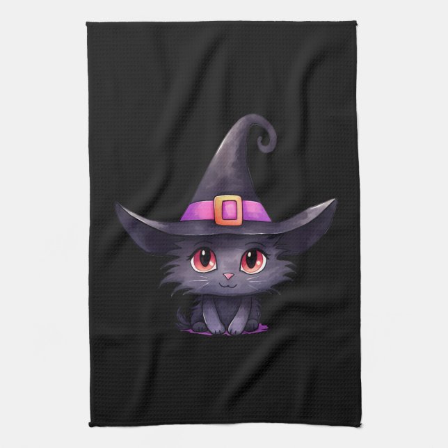 Cute Black Cat Wearing a Witch's Hat Tea Towel (Vertical)